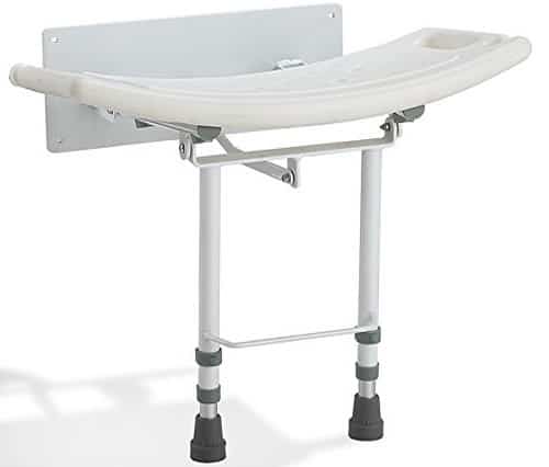 Wall mounted folding shower seat with drop down legs